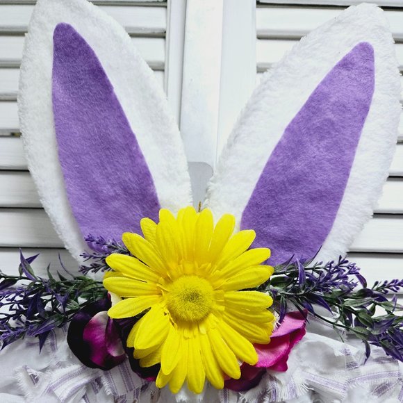 Hand Crafted Easter Bunny Rabbit Fabric Rag Wreath, Purple & White, Bunny Sign - Picture 2 of 9